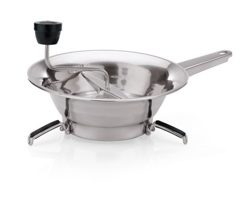 Passiergerät. Chromnickelstahl. mit Handkurbel, drei auswechselbaren Siebeinsätzen und