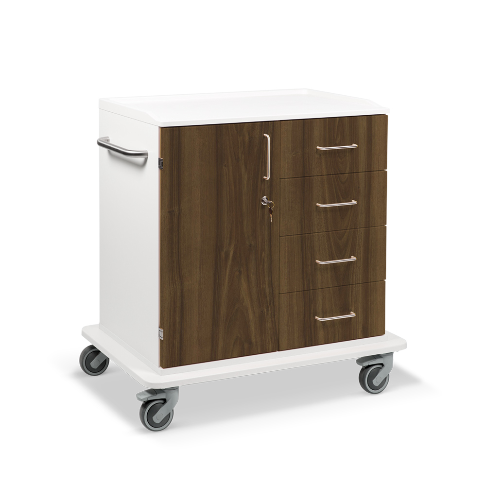 ETHERNASOLID® MULTICART Multifunktionswagen T22 mit einer Drehtür links, 4 Schubladen rechts und Schiebegriff, Walnuss