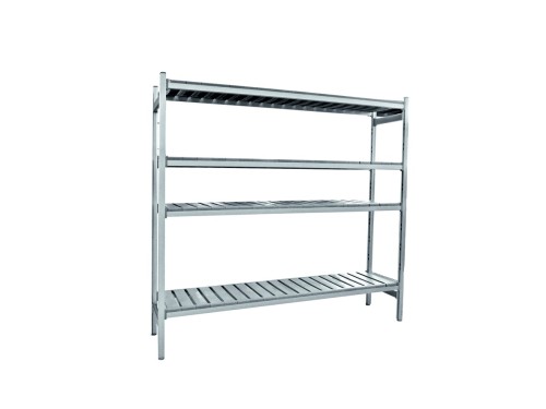 Lagerregal-System. Lagerregal mit 4 Pfosten und 4 Böden. Aluminium/Boden aus Polyethylen.