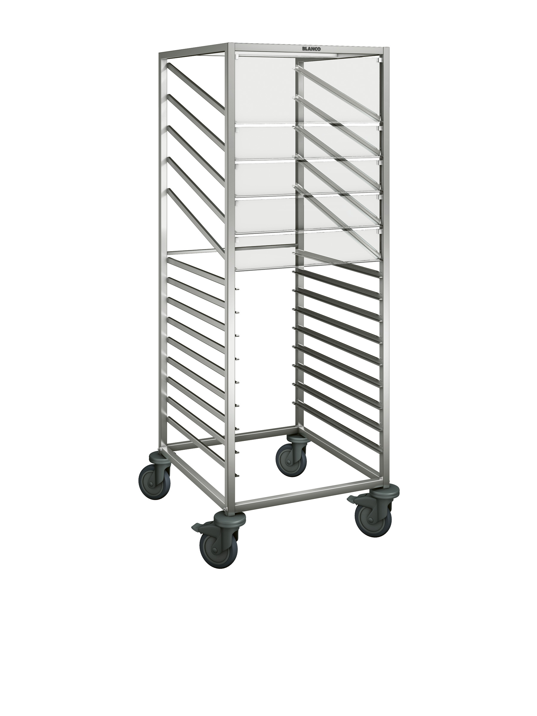 BLANCO Salat- und Dessert-Ausgabewagen aus rostfreiem Edelstahl, mit Kunststoffrollen, mit Entnahmeklappen, Auflagenpaare: 5 Paar / 9