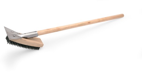 Reinigungsbürste mit Schaber. quer. Holz/Stahlborsten. mit Holzgriff und Stahlborsten.
