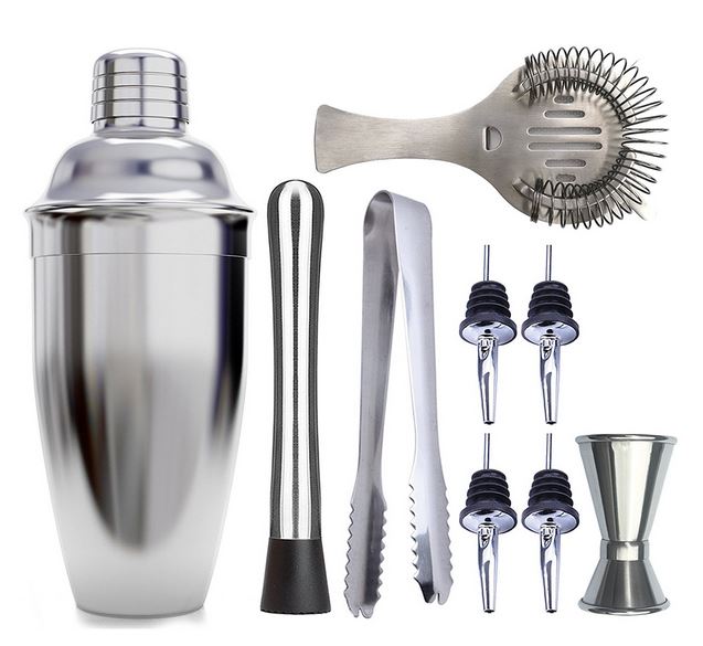 9-teiliges Cocktail Shaker Set FLORIDA aus Edelstahl 18/8 (Zubehör 201), bestehend aus je einem Cocktail Shaker Inhalt ca. 750 ml,