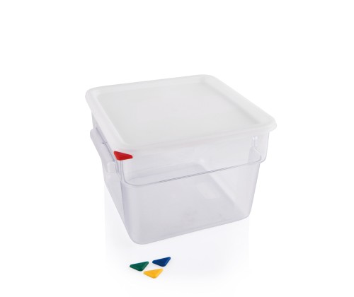 Vorratsbehälter . Polycarbonat. mit Stapelrand, Deckel und farbigen HACCP Clips, mit