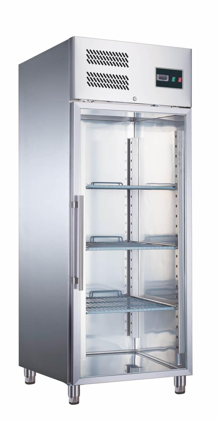 SARO Tiefkühlschrank mit Glastür, Modell EGN 650 BTG - Material: (Gehäuse und Innenraum) Edelstahl - Glastür selbstschließend, abschließbar