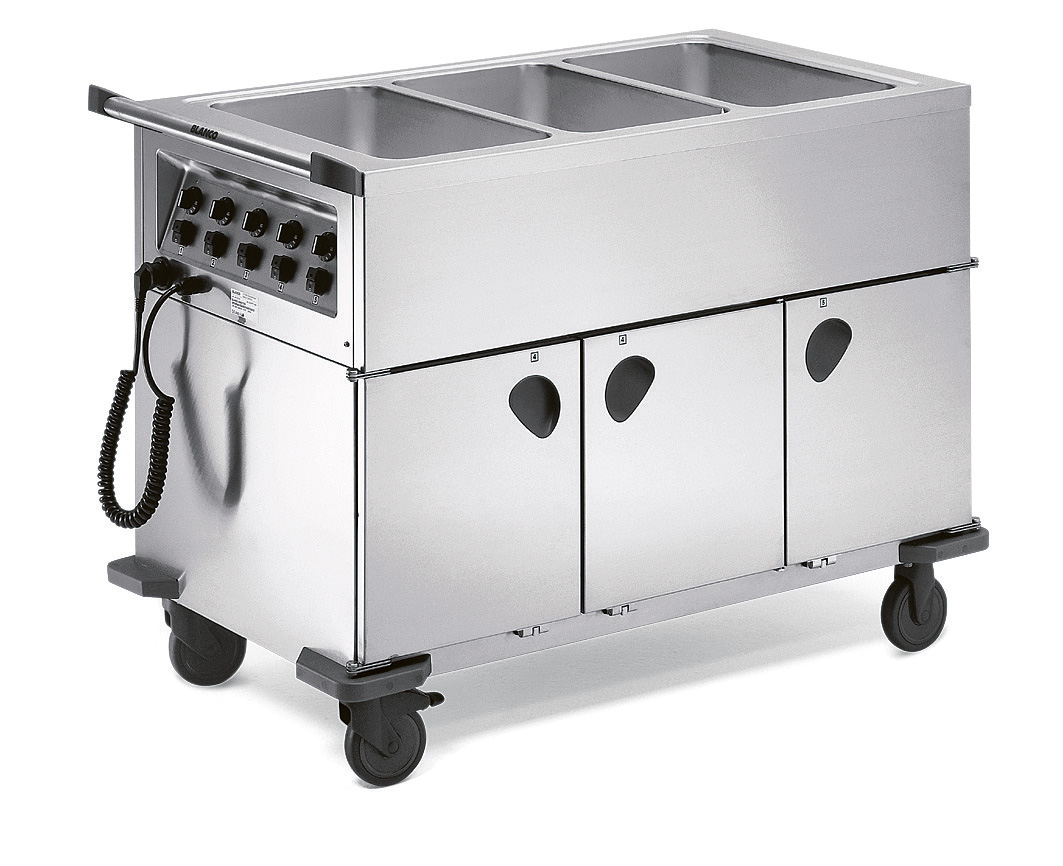 BLANCO Speisenausgabewagen aus rostfreiem Edelstahl, 3 Einzelbecken f. 3x GN 1/1-200 oder deren Unterteilung, Schrankfächer: 3 Fächer,