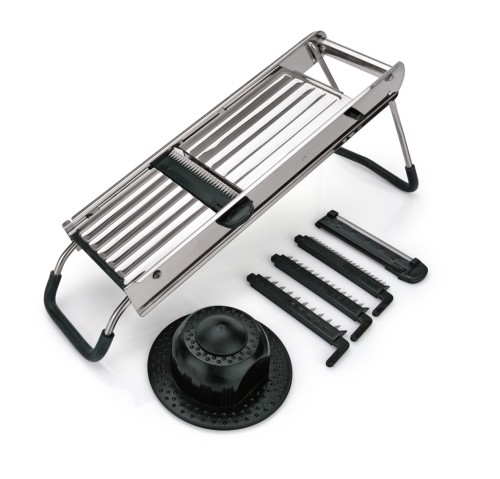 Mandoline. Edelstahl. mit Kunststoff-Restehalter, mit 3 Julienne-Einsätzen 3, 5 und 10 mm