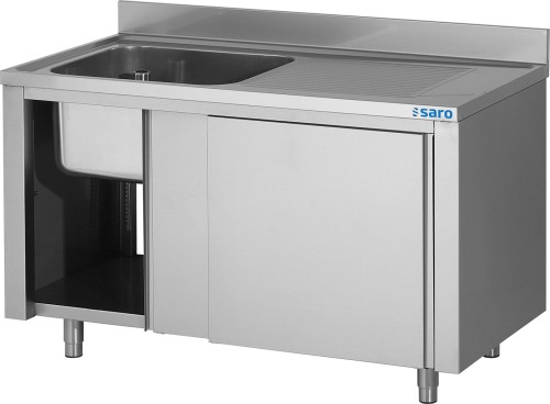 SARO Spülschrank mit Schiebetüren 1200mm, 1 Becken links Made in Europe - Arbeitsfläche mit drei Abflussschutzkanten, vorgebohrtes 32 mm