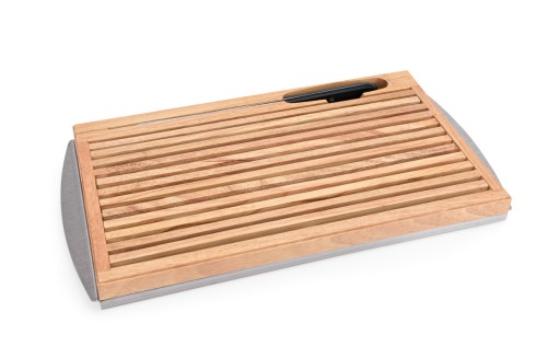 Brotschneidebrett. Holz. mit Edelstahl Krümmelschale und Brotmesserschlitz, Lieferung