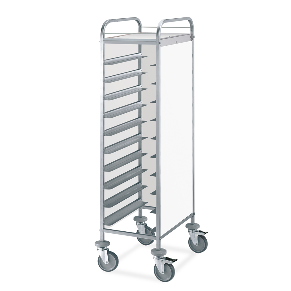 ETHERNASOLID® Tablettwagen für 10 GN-Tabletts, L-Auflagen, 2 Seitenwände, Rückwand und Oberplatte, Weiß