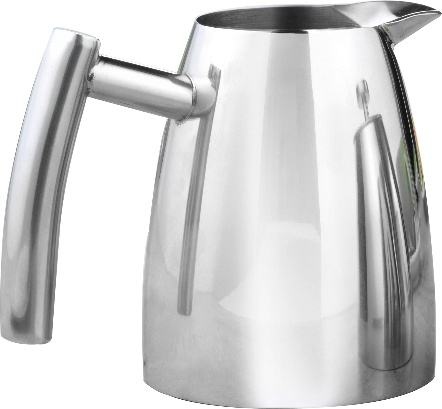 Milch-/Sahnekännchen "Cambridge" von caterado, mit Griff, aus Edelstahl 18/10, poliert. Höhe ca. 9,9 cm, Durchmesser unten 8 cm.