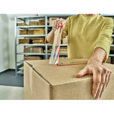 tesa® Packband Fingerlift 50 mm x 66 m (B x L) Polypropylen transparent/rot, Maße: 50 mm x 66 m (B x L), Dicke der