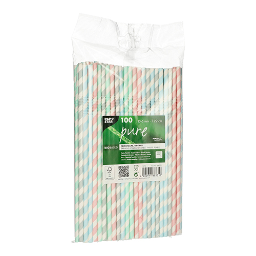 100 Trinkhalme, Papier Ø 6 mm · 22 cm farbig sortiert "Stripes" flexibel von PAPSTAR