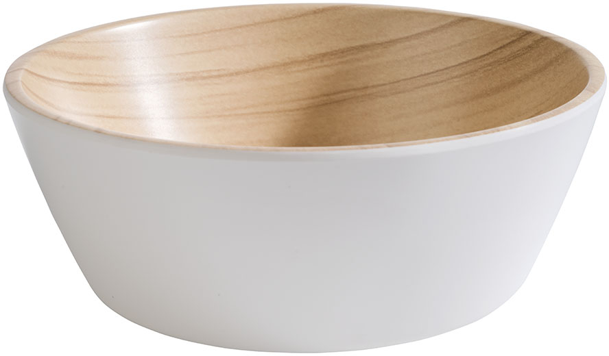 Schale -FRIDA- Ø 15 cm, H: 5,5 cm Melamin innen: Holzoptik außen: weiß 0,44 Liter spülmaschinengeeignet stapelbar nicht
