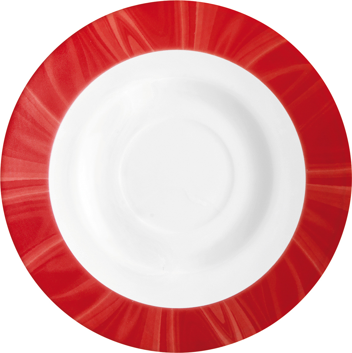Untertasse NATURA mit rotem Muster. Durchmesser 14 cm, aus Opalglas. Von Bormioli Rocco.