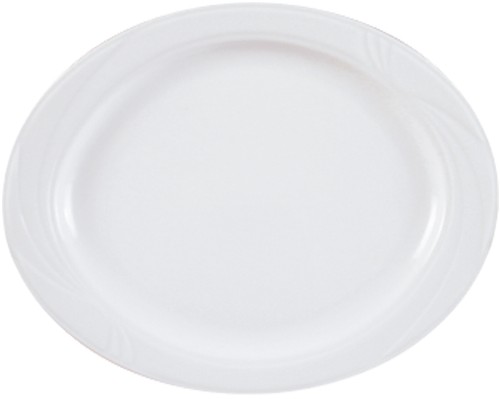 Arcadia Platte oval flach, 33cm, aus weißem Porzellan, von caterado. Made in Europe.