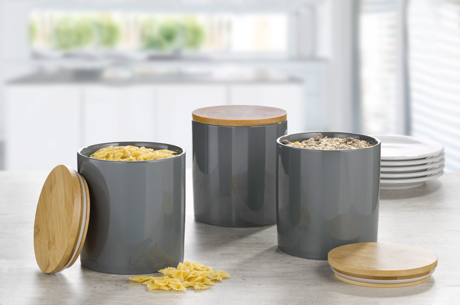 3-teiliges Vorratsdosen-Set GRENOBLE, Höhe 15,8 cm aus Porzellan, Farbe: Anthrazit.