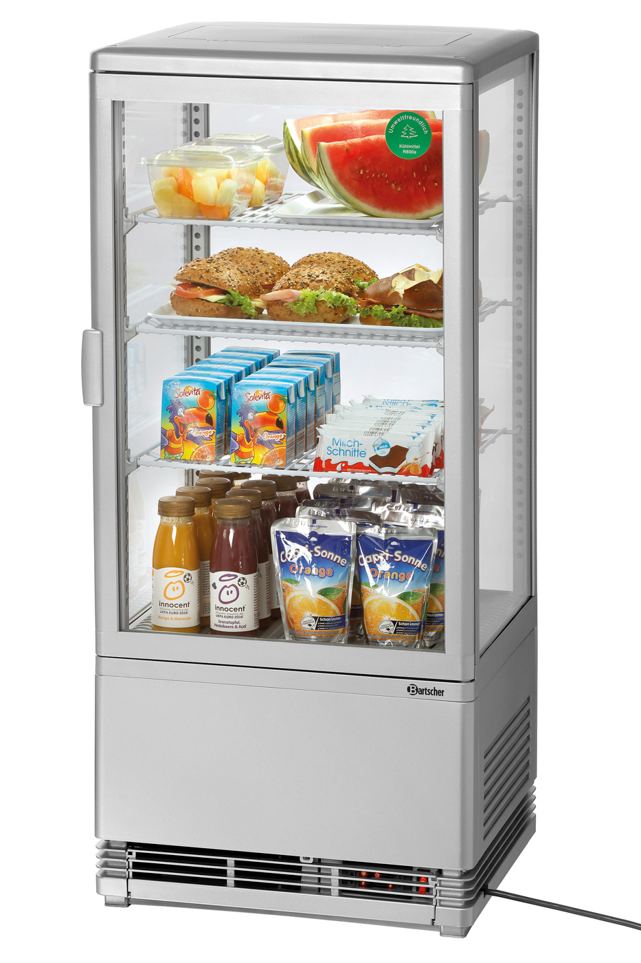 Bartscher Mini-Kühlvitrine 78L, silber | Art derVerglasung: Doppel-Verglasung | Maße: 43,5 x 38,5x 96,0 cm. Gewicht: 32,5 kg