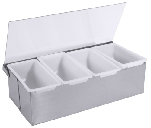 Gewürzkasten aus Edelstahl 18/10, matt gebürstet, mit vier Einsatzschalen aus weißem Polypropylen und  einem Scharnierdeckel aus