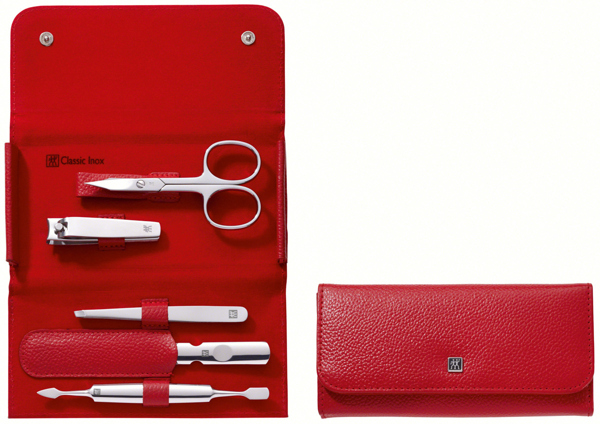 Druckknopfetui, 5-tlg, Rindleder, Rot, Serie: Classic Inox. Marke: ZWILLING