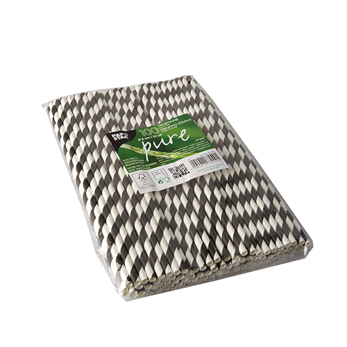 100 Trinkhalme, Papier Ø 6 mm · 24 cm schwarz/weiss "Stripes" von PAPSTAR