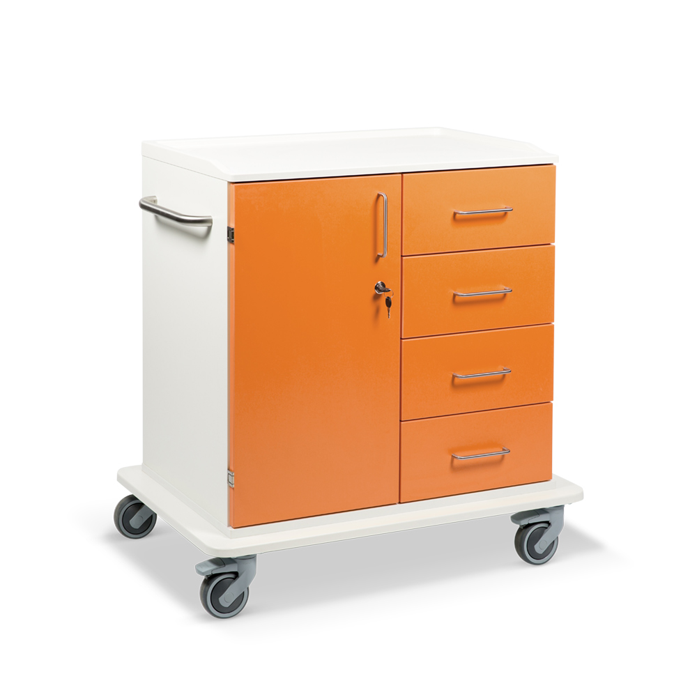 ETHERNASOLID® MULTICART Multifunktionswagen T22 mit einer Drehtür links, 4 Schubladen rechts und Schiebegriff, orange