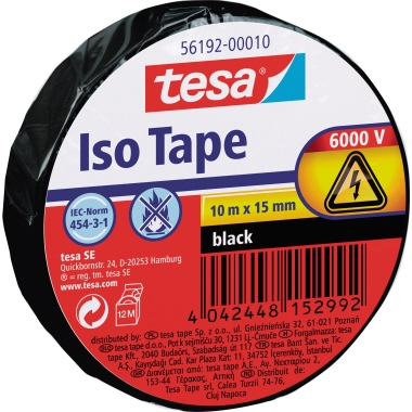 tesa® Isolierband Iso Tape 15 mm x 10 m (B x L) 6.000V PVC schwarz