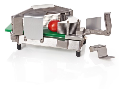 Tomatenschneider. Aluguss. für 4,8 mm breite Scheiben, mit Tischhalterung. Maße: 47 x 18