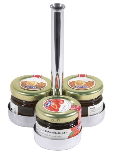 Marmeladen-/ Honig-Etagere für 3 Gläser auf einer Ebene aus Edelstahl 18/10, hochglänzend, für drei bzw. sechs kleine