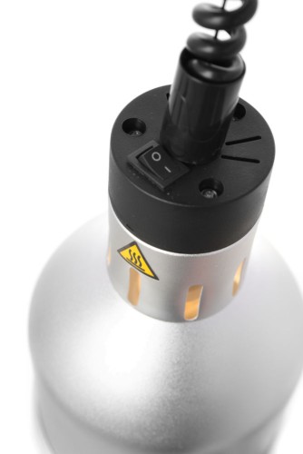 Höhenverstellbare Wärmelampe, Zylinderform, silberfarben.