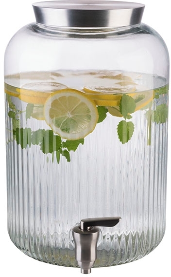 APS Getränkespender mit Deckel und Zapfhahn. Kapazität: 7 Liter. Material: Glas, Edelstahl. Maß: Ø 20 cm, H: 30,5 cm.