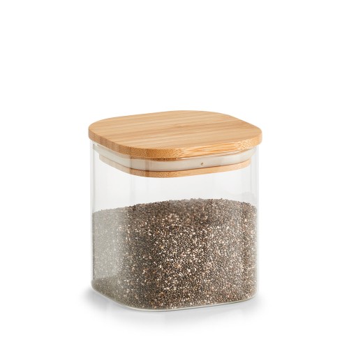 Vorratsglas m. Bambusdeckel, eckig, 640 ml. Länge: 100 mm. Breite: 100 mm. Höhe: 110 mm