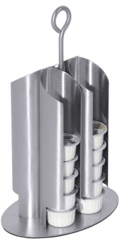 Ständer für Kaffeemilchportionen aus matt poliertem Edelstahl, mit vier offenen Röhren für etwa 24 Kaffeesahneportionen, Schongummi