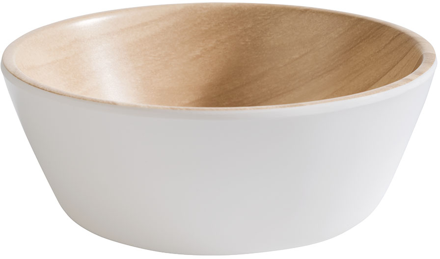 Schale -FRIDA- Ø 12,5 cm, H: 4,5 cm Melamin innen: Holzoptik außen: weiß 0,25 Liter spülmaschinengeeignet stapelbar nicht