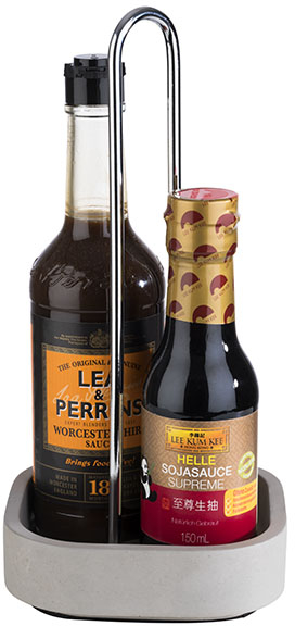 Menage -ELEMENT- 12,5 x 12,5 cm, H: 25 cm Set bestehen aus: - Basis, Beton Metall, verchromt Pfeffer- und Salzstreuer Essig-