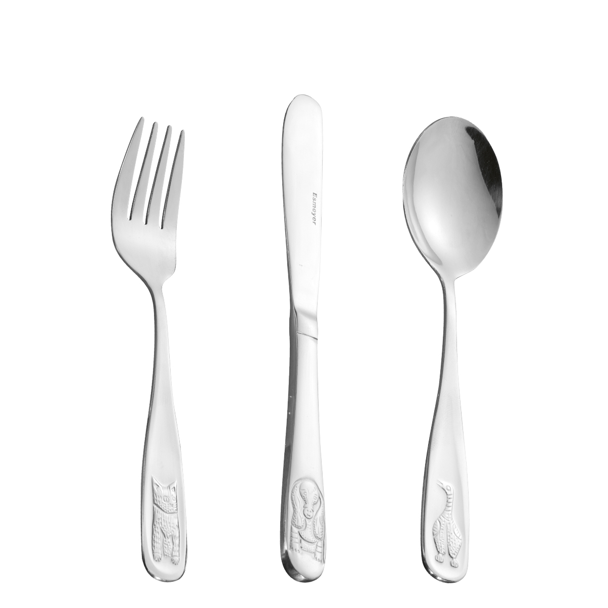 3-teiliges Kinderbesteck LUSTIGE TIERCHEN von Esmeyer, aus Edelstahl 18/0 poliert. Messer aus Klingenstahl. Im weißen Karton.