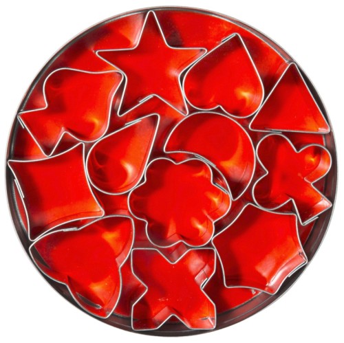 Garnier-Ausstecher (Set à 12 Stück sortiert) aus Weißblech, komplett in einer Weißblech-Dose Größe: 30 mm - 40 mm, Höhe: 20 mm