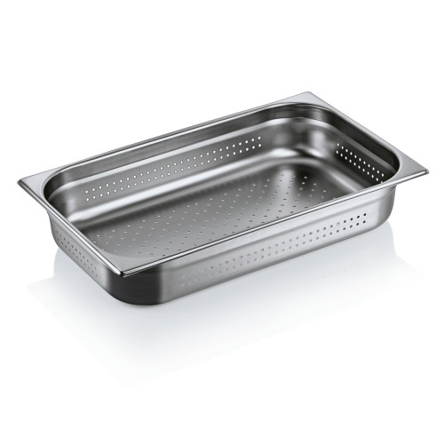 GN 1/1 Behälter, Boden- und Seitenlochung. Materialstärke 0,7 mm. Material: Chromnickelstahl 18/8. Serie: GN 91. Inhalt in Litern: 14.