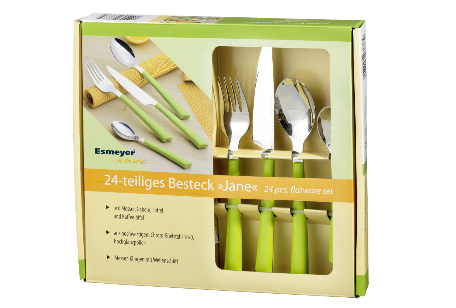24-teiliges Besteck JANE, grün aus Edelstahl 18/0 poliert, Messer aus Klingenstahl.