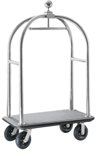 Gepäckwagen. silberfarben. Edelstahl. 2 schwenkbare Rollen Ø 20 cm mit Feststeller und 2