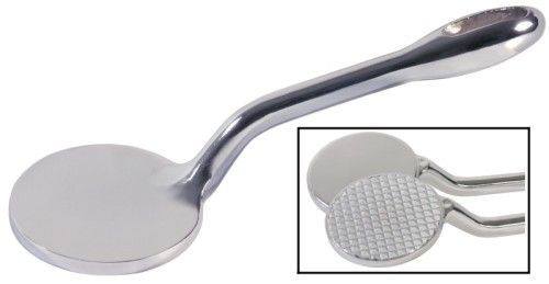 Fleischklopfer mit geriffelter Klopffläche aus massivem Zinkguss, verchromt, glanzgebürstet, mit Aufhängeöse Stiellänge: 29,5