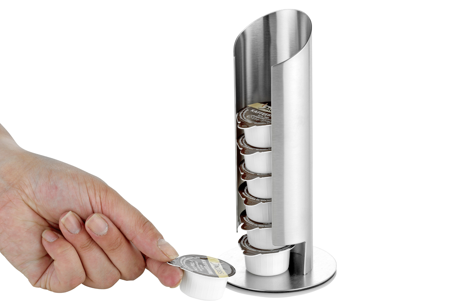 Milchkapselspender MEMPHIS, Material: Edelstahl 18/10, gebürstet, Höhe: 175 mm, Durchmesser: 80 mm.