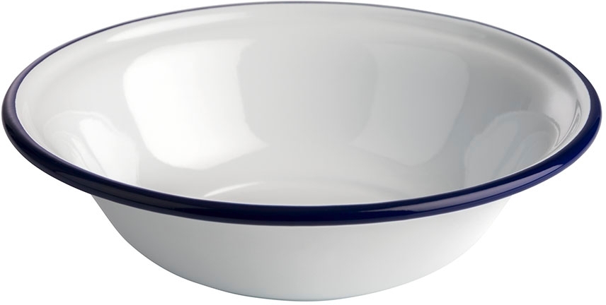 Schale -ENAMELWARE- Ø 16,5 cm, H: 4,5 cm emailliertes Stahlblech innen: weiß außen: weiß Rand: blau 0,45 Liter