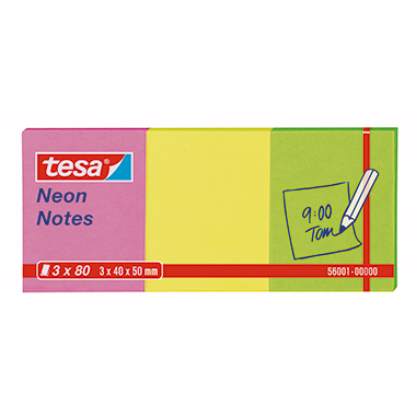 tesa® Haftnotiz Neon Notes 40 x 50 mm (B x H) pink, gelb, grün 80 Bl./Block 3 Block/Pack., Grammatur: 75 g/m², blanko,