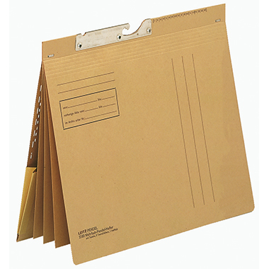 Leitz Pendelhefter DIN A4 250g/m 4 x kaufmännische Heftung mit Organisationsaufdruck Karton naturbraun Dehntasche am Rückdeckel.