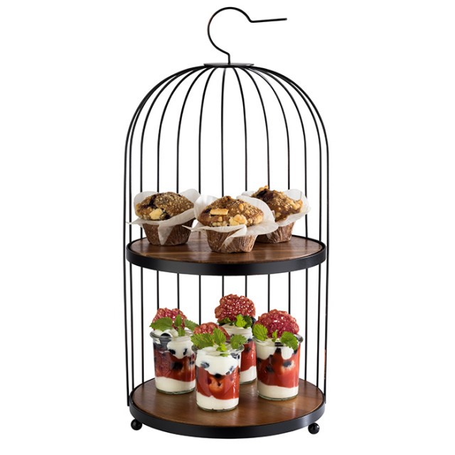 APS Buffetgestell -BIRDCAGE-, Ø 26 cm, H: 54 cm, Metall, schwarz, 2 Platten aus Akazienholz, je Ø 25 cm, H: 1 cm