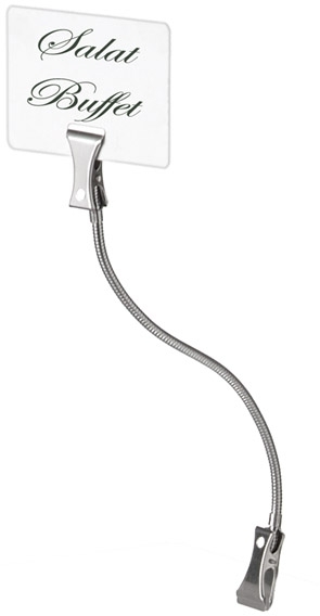 Schilderhalter -FLEXIBEL- Länge: 12 cm Metall, verchromt mit 2 Klemmen inklusive 10 Schilder aus Kunststoff je 7,7 x 5,2 cm