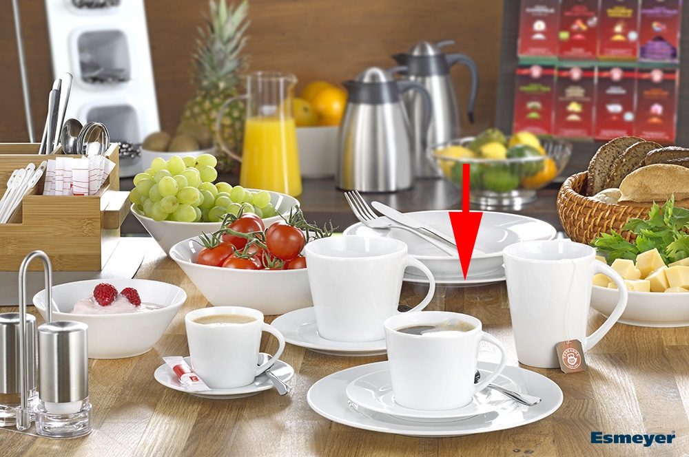 Speiseteller ISTA, Durchm. 24 cm, von caterado, aus weißem Porzellan. Made in Europe. Höhe 2,1 cm.