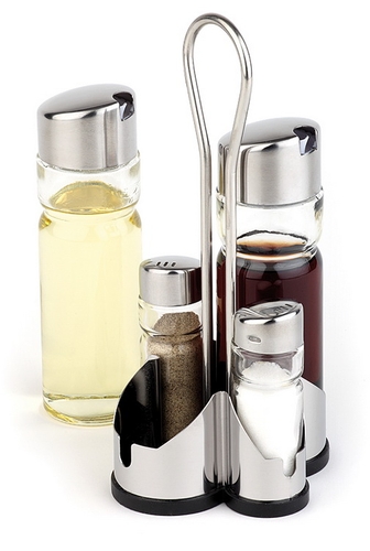 4-tlg. Menage -Economic- 11 x 10,5 cm, H: 22 cm Edelstahl, Glas, PP, ABS 4-tlg. Pfeffer- & Salz-Glas- streuer mit