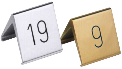 Tischnummernschild , goldfarbig mit schwarz ausgelegter Gravur, aus eloxiertem Leichtmetall, alle Nummern bis 999 verfügbar,