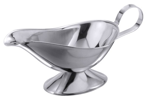 Sauciere mit Fuß aus Edelstahl , hochglänzend, mittelschwere Qualität Gesamthöhe: 10 cm, Volumen: 0,3 l, Länge: 22,5 cm